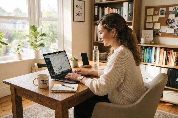 Young female entrepreneur working on laptop in a home office with natural morning light
